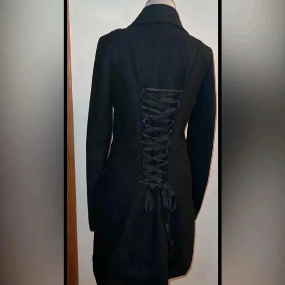 Hot Topic Goth Asymmetric Zip Wool Trench Coat Corset Lace Up Back LG - Picture 5 of 7